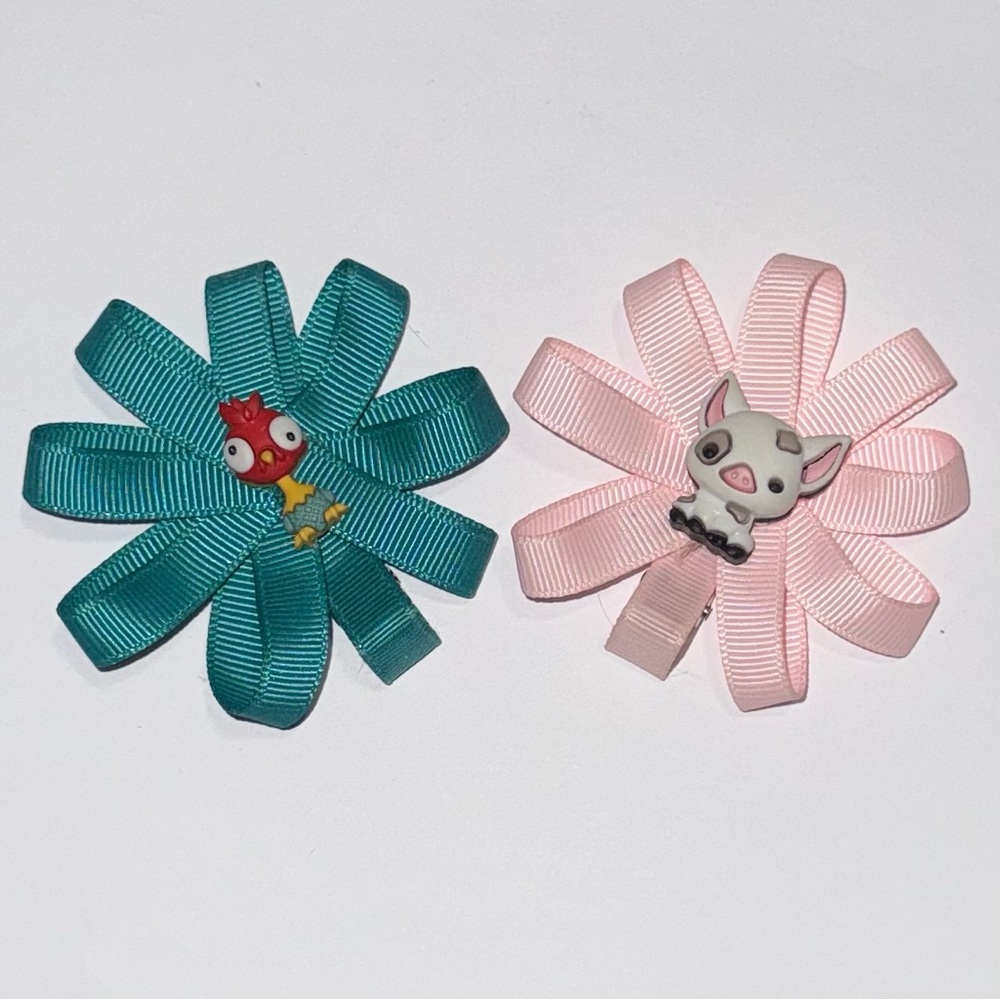 Set of 2 Girls Hair Bows Pig & Chicken Ribbon Clips Disneys Moana Theme